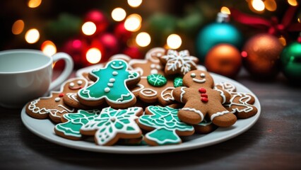 Close-up of gingerbread cookies arranged on a plate, detailed icing designs with red, green, and white colors