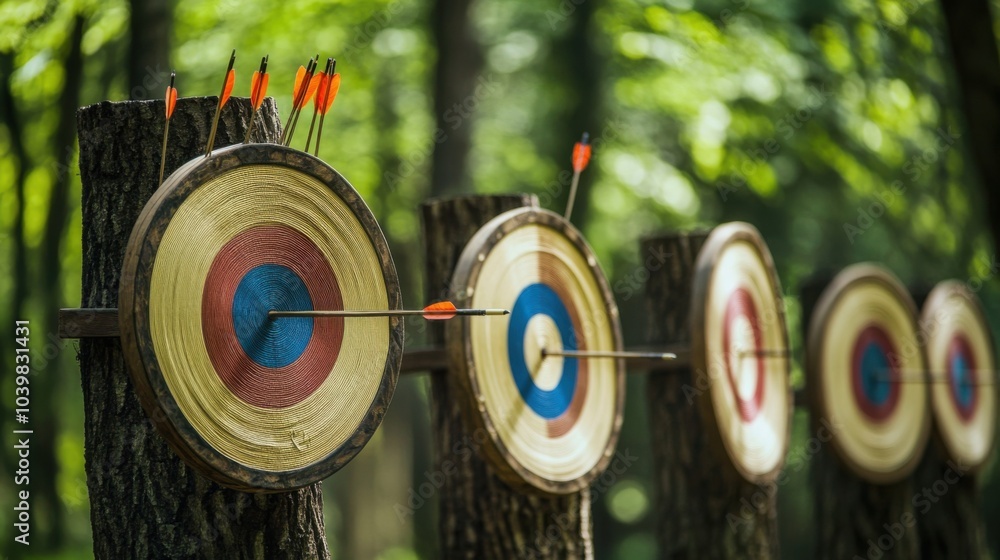 Poster An intricate archery range setup, Bow and arrows neatly arranged against a forest backdrop, Traditional craftsmanship style