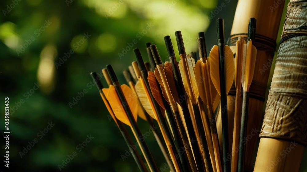 Poster An intricate archery range setup, Bow and arrows neatly arranged against a forest backdrop, Traditional craftsmanship style