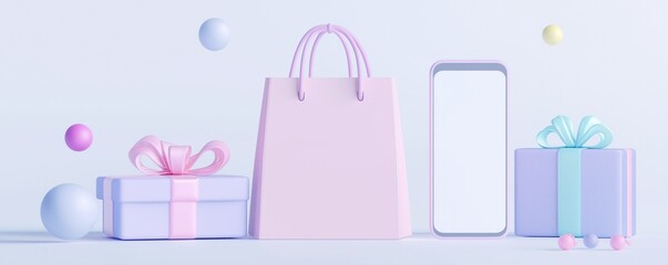 3d render with icons for online shopping posters in pastel colors. An empty smartphone screen is a copy space. Sale, Cyber Monday