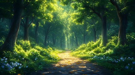 Obraz premium A sunlit path winds through a lush forest, dappled sunlight illuminating the green foliage and white wildflowers.