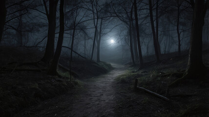 Obraz premium Misty Forest Path Under Full Moonlight, Haunting Woods