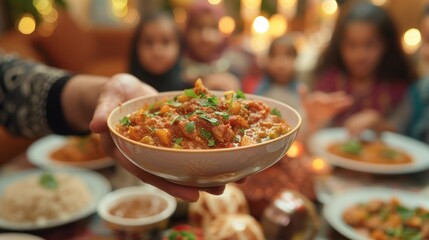 Family gathering around a table for an Islamic celebration featuring traditional dishes, highlighting togetherness during the festive meal