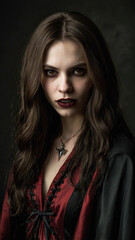 Fototapeta premium Female Vampire in Black and Red Cape, Chest-High Portrait