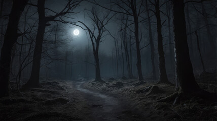 Obraz premium Eerie Path Through Foggy Forest, Full Moon Night
