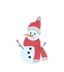 Happy vector snowman in scarf, red hat and carrot nose as a symbol of children winter leisure and Christmas celebration isolated on white background. Hand drawn vector flat colored illustration