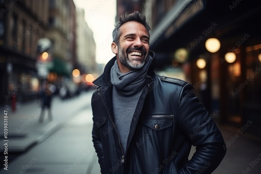 Sticker Handsome middle-aged man with beard and mustache, wearing a black leather jacket and gray scarf, walking in the city.