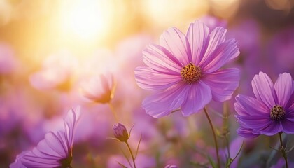Vibrant purple cosmos flowers blooming in a sunlit garden during sunset hours
