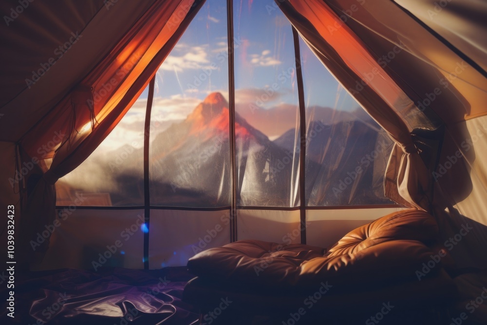 Aufkleber the inside of a tent with a view of the mountain architecture nature tranquility.