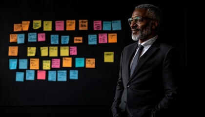 Businessman strategizes in front of colorful sticky notes in a dark office setting