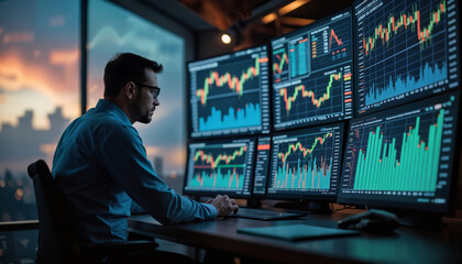 Data analyst analyzing market trends at dusk