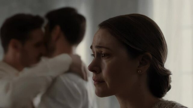 Portrait of a sad woman, in the background two gay men hugging and kissing. Concept of non-traditional orientation and lgbt. 