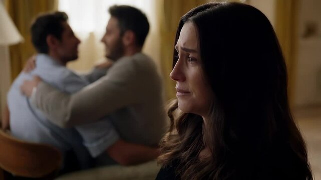 Portrait of a sad woman, in the background two gay men hugging and kissing. Concept of non-traditional orientation and lgbt. 
