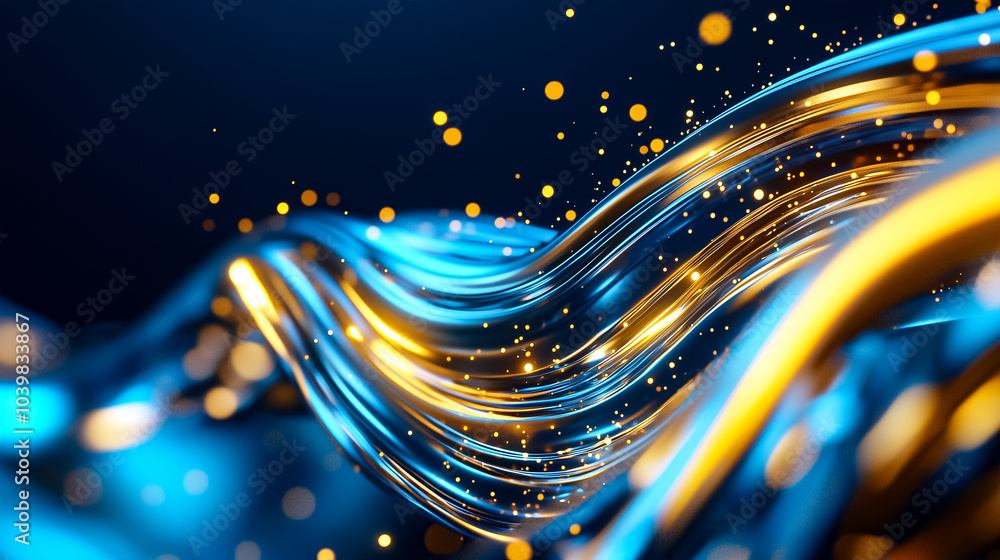 Poster dynamic data streams flow gracefully, illuminated by vibrant highlights against a deep blue backgrou