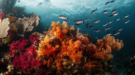 Fototapeta premium An intricate underwater exploration scene amidst colorful coral reefs, Diverse marine life gracefully swimming, Marine documentary style