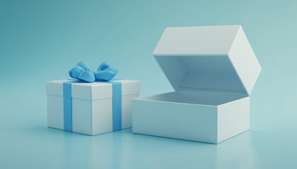 A white gift box with a blue ribbon on a light blue backdrop