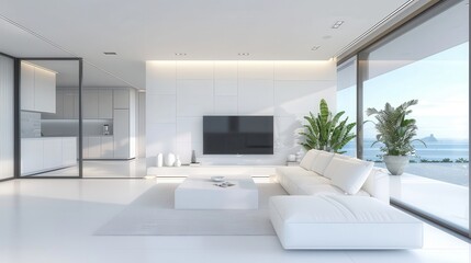 Fototapeta premium Modern Luxury Room with White Sofa and TV Unit