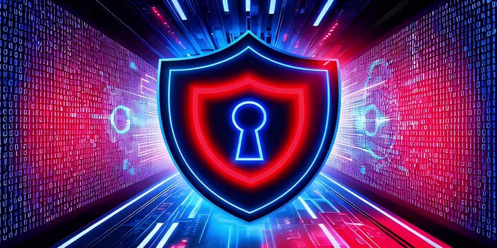 A glowing red shield with a blue keyhole at the center. The shield is surrounded by a blue neon outline, and the background is a futuristic digital space with binary code.