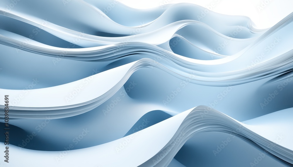Poster abstract waves of blue paper create a fluid design in a minimalist setting