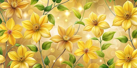 Obraz premium Rustic Yellow Clematis Floral Pattern for Wedding Invites, Fabric, Wallpaper, and Posters - Perfect for Nature-Inspired Designs and Elegant Celebrations
