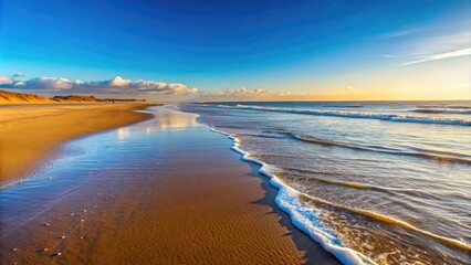 Serene Beach View at Skegness on a Sunny Winter's Day - Minimalist Photography of Lincolnshire Coastline, Tranquil Seascape, and Clear Blue Skies for Nature Lovers
