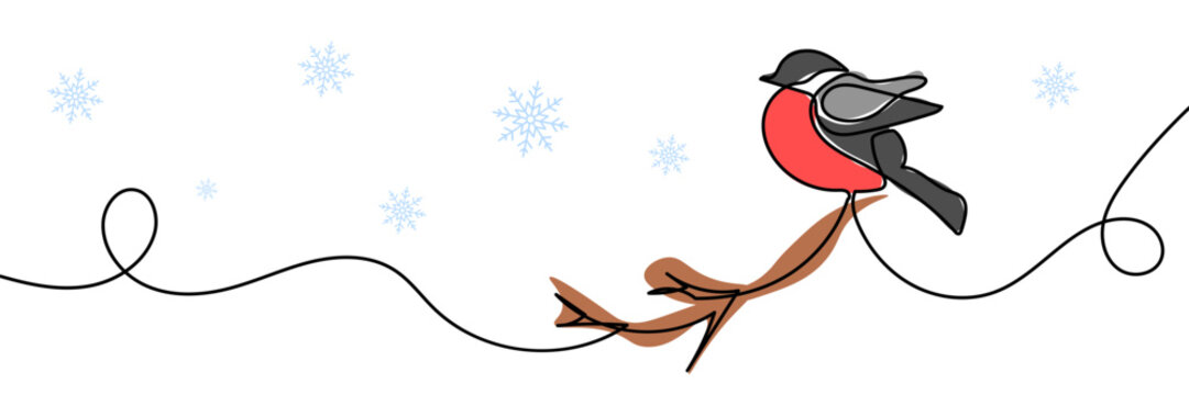 Winter birds in the snow vector illustration. continious line drawing. vector illustration