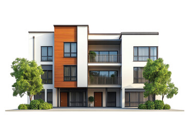 Modern three-story building design with balconies and greenery, isolated on transparent or white background