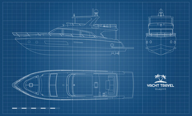 Outline yacht drawing. Side, front and top views of private ship. Modern boat contour blueprint. Cruise motorboat line art. Contour document