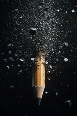 A pencil disintegrating into a cloud of tiny cubes, the cubes scattering in different directions against a dark void. 