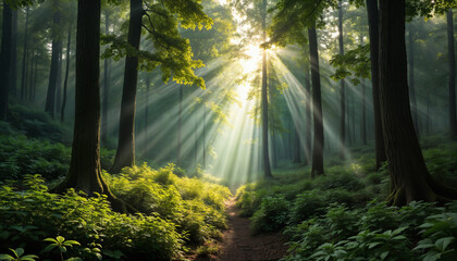Obraz premium Serene forest with sunlight beams