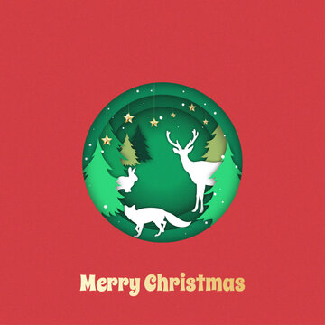 Vector Christmas papercut card. Christmas tree, deer, hare and fox, Christmas elements in paper cutout style. Vector illustration of seasonal design for poster, banner, card