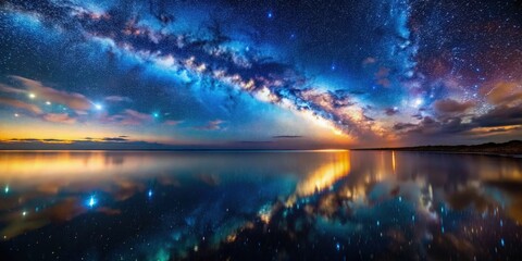 Stunning Milky Way Galaxy Reflection on Tranquil Ocean at Night in Macro Photography, Capturing Celestial Beauty, Starry Sky, Serene Waters, Deep Space Imagery, and Nighttime Wonders