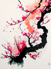 Sakura - Japanese Cherry Tree Blossom. Japanese Calligraphy, Ink Painting. Generative AI Digital Illustration