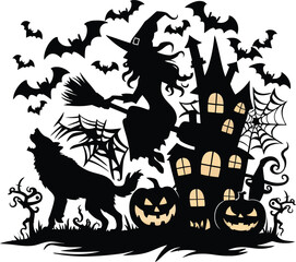 Fototapeta premium Halloween pumpkin night landscape with a Halloween theme with a bat background