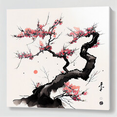Sakura - Japanese Cherry Tree Blossom. Japanese Calligraphy, Ink Painting. Generative AI Digital Illustration