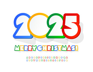 Vector colorful Greeting Card Merry Christmas 2025! Bright Kids Font. Unique Creative Alphabet Letters and Numbers set.