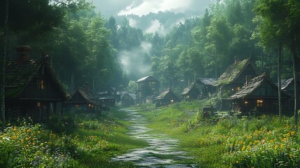 A picturesque village nestled in a lush forest with a cobblestone path winding through it.