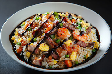 A front view of a plate of Yangzhou fried rice, with shrimp, BBQ pork, scrambled eggs, and mixed vegetables, served with a soy sauce drizzle