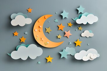 A paper cut moon surrounded by clouds and stars