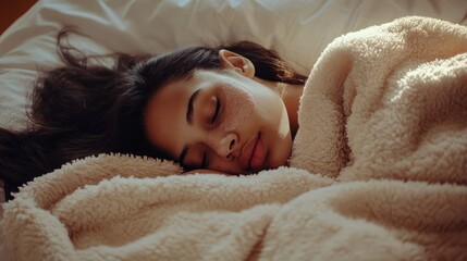 Obraz premium 2410 8.A woman with vitiligo lying in bed under a soft blanket, her face relaxed in deep sleep. The vitiligo patches on her arm and face are clearly visible, with the room bathed in gentle morning