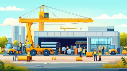 Construction Site with Crane  Workers  and Industrial Equipment