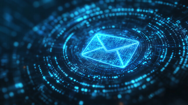 A glowing blue mail icon surrounded by streams of digital data, symbolizing the fast flow of electronic communication in a virtual, futuristic digital world