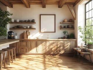 kitchen mock-up featuring a rustic farmhouse style, with wooden beams and a cozy atmosphere. a stylish poster frame adorns the wall, showcasing charming kitchen aesthetics