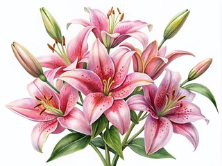 Naklejka premium Beautiful Pink Lilies Watercolor Illustration on White Background for Floral Designs and Decor
