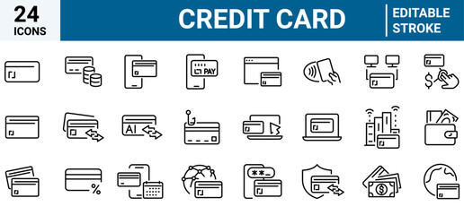 Credit card line web icons . Piggy Bank, Cash, Money Bag, Currency Exchange, Coins and Paper Bills and others. Editable stroke.