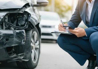 Insurance adjuster inspecting damaged car after an accident in an urban setting during daylight hours