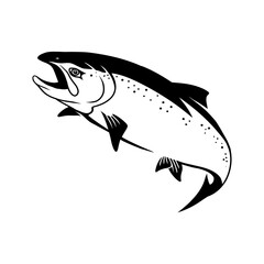 Coho Salmon logo, Black and White Coho Salmon fish jumping out of the water, Great for your Coho Salmon fishing activity.