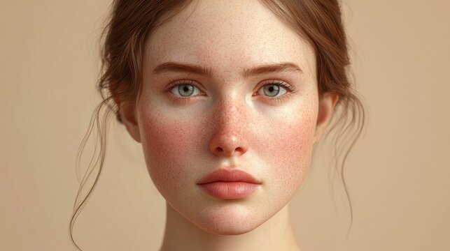 2410 11.Young Caucasian woman with severe rosacea on her cheeks, facing forward with a neutral expression, her skin red and inflamed. The image highlights the texture of the skin, with swollen areas