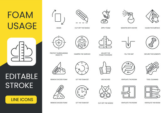 Instructions for using polyurethane foam, set of vector line icons with editable stroke, Clean the surface and moisten with water, apply foam and cut off the nozzle, shake and secure the elements