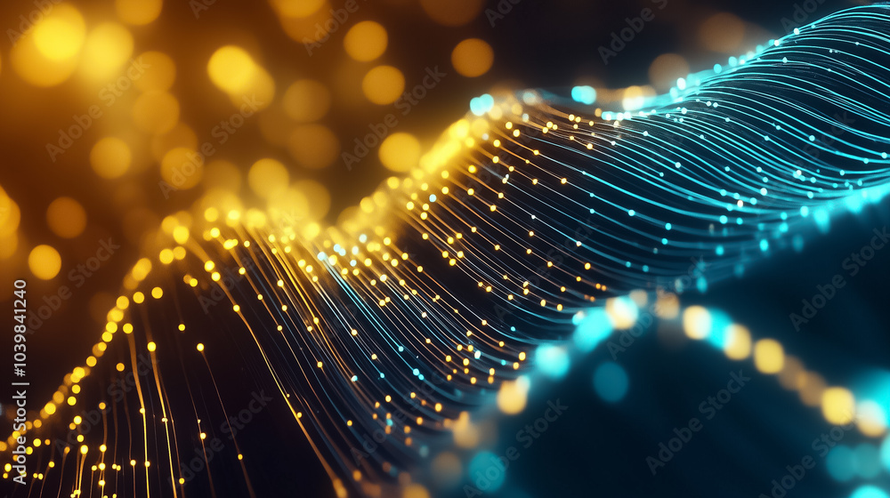 Poster colorful data streams meander through a virtual environment, illuminated by glowing particles in a d